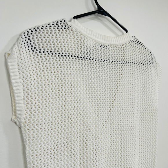 Women's White Cotton Open Knit Sleeveless Cardigan Vest Two Button V Neck - Picture 7 of 9